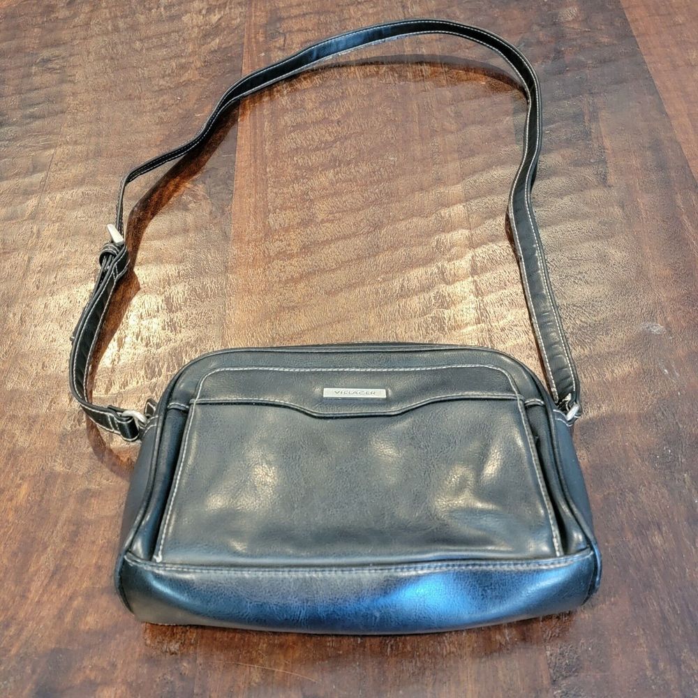 Vintage Villager By Liz Claiborne Crossbody Bag Faux Leather Black Purse‎ Retro